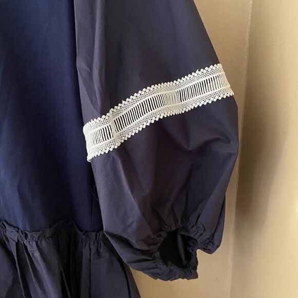 Tanya Taylor Sz M Dress Kirstie Navy Mini Lace Trim Poplin Puff Sleeve NWT $445 - Picture 3 of 9